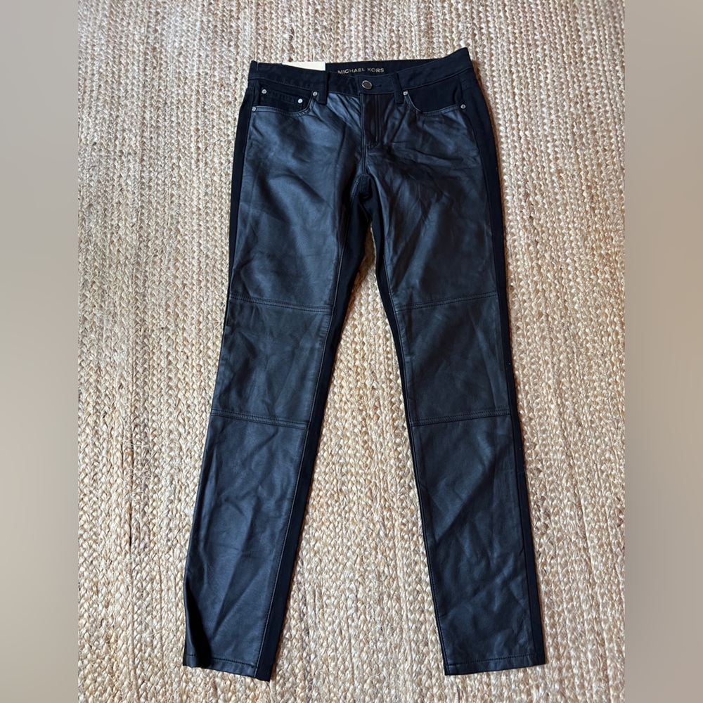 Michael Kors Izzy Skinny Black Denim Jeans with Faux Leather Moto Pants